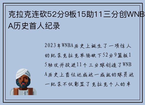 克拉克连砍52分9板15助11三分创WNBA历史首人纪录