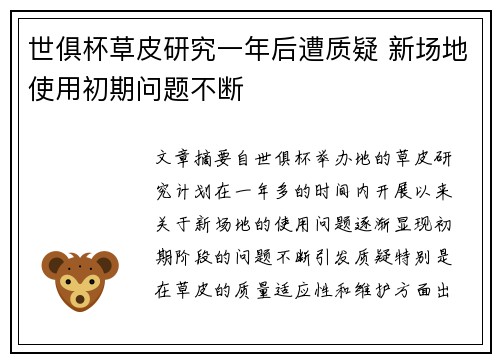 世俱杯草皮研究一年后遭质疑 新场地使用初期问题不断