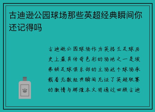 古迪逊公园球场那些英超经典瞬间你还记得吗