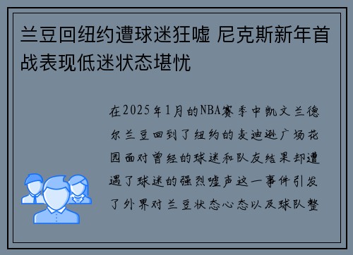 兰豆回纽约遭球迷狂嘘 尼克斯新年首战表现低迷状态堪忧